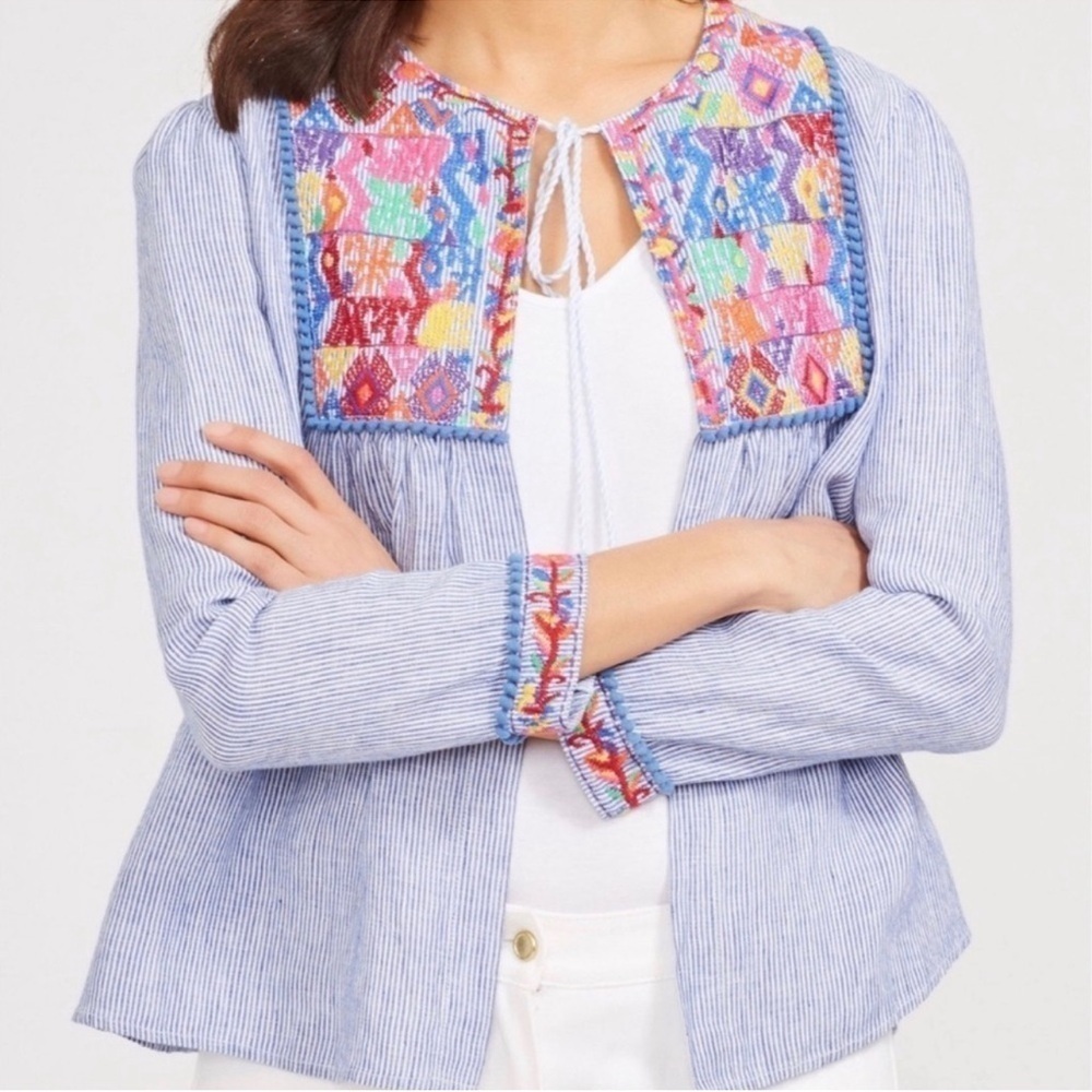 J. MCLAUGHLIN Blue and White Stripe Embroidered Tassel Top Size Medium